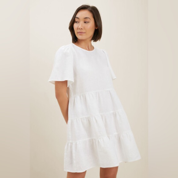 Seed Heritage Core Linen Tiered Mini Dress Size 6 Us White Cottage Core Coastal